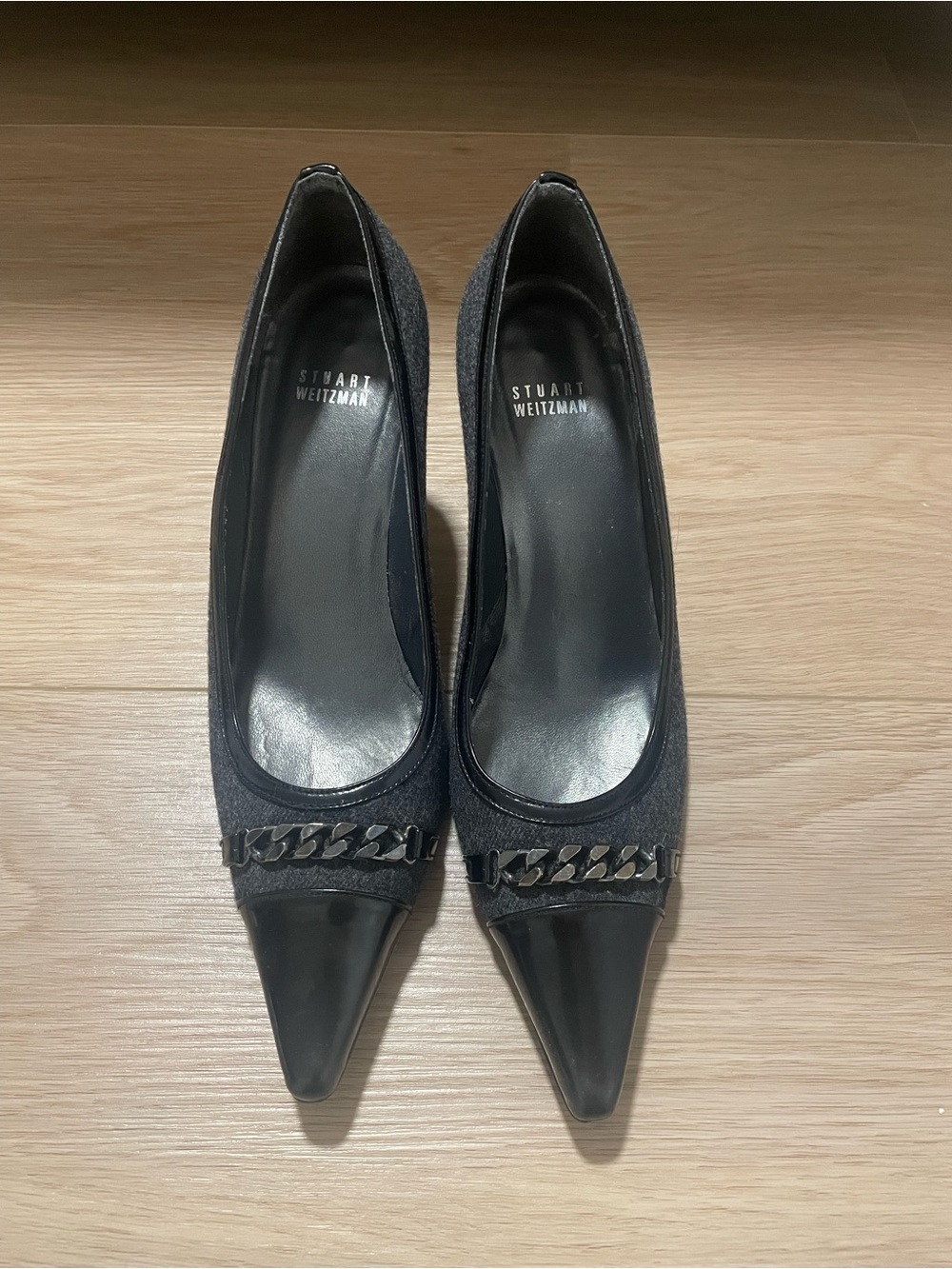 Stuart Weitzman Black Pointed-Toe Pumps with Chain Accent